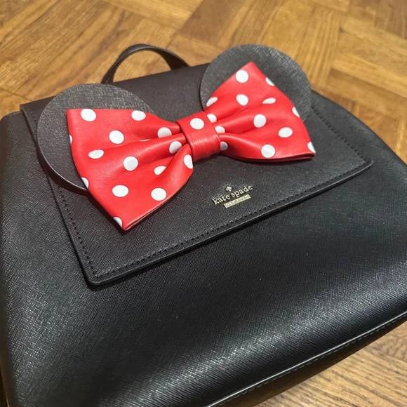 Disney Kate Spade New York Minnie Mouse Black Red Bow Leather Backpack - Picture 3 of 8